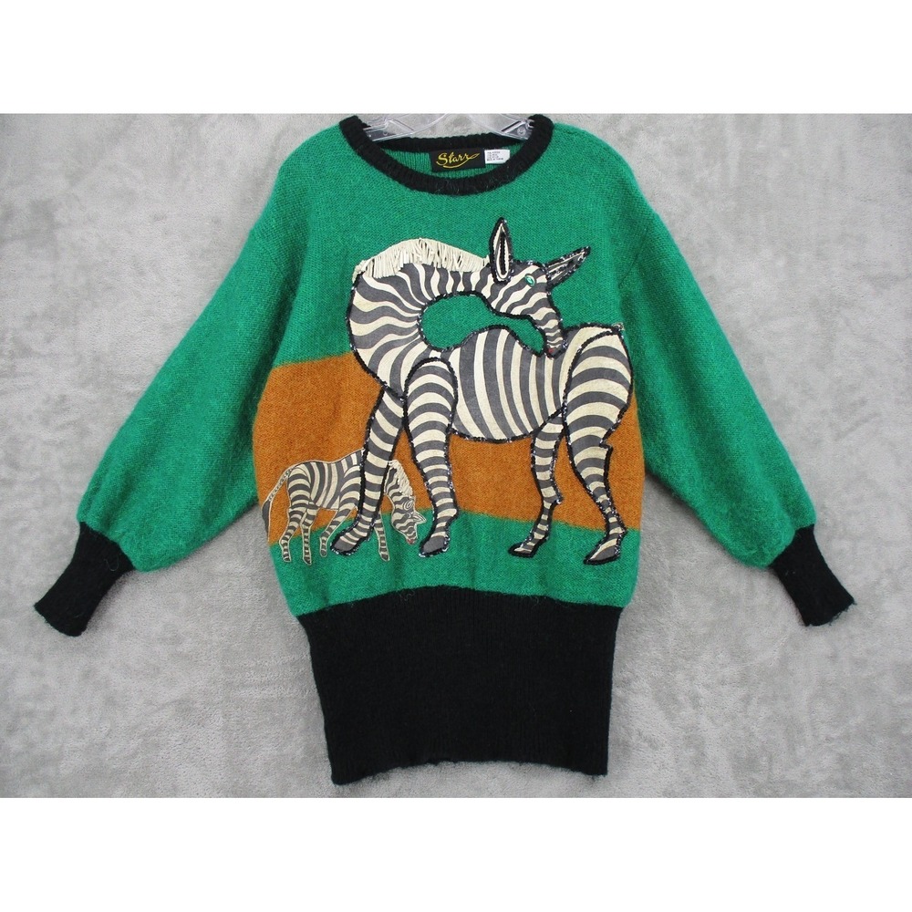 Vintage Starr Mallard Sweater Womens Medium Wool Zebra Fringe Wearable Art Green